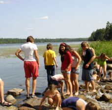 People gather to play in the water at the local park.