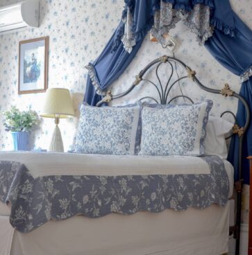 The Blue Room showcases blue furnishings and antiques.
